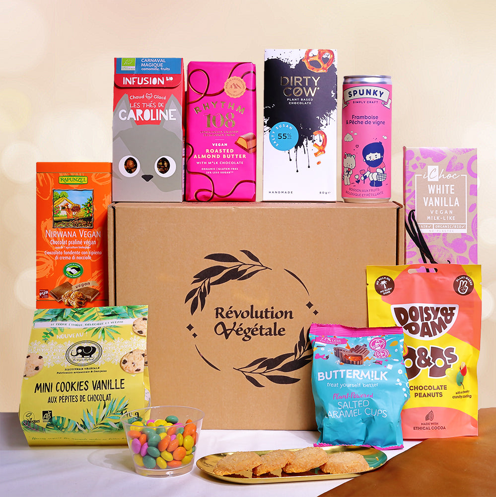 Box de chocolats, biscuits et boissons vegan