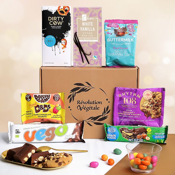 Box vegan avec produits disposés autour