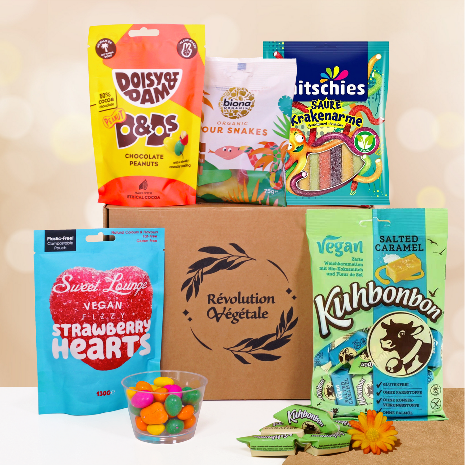 Box cadeau vegan avec 5 paquets de bonbons