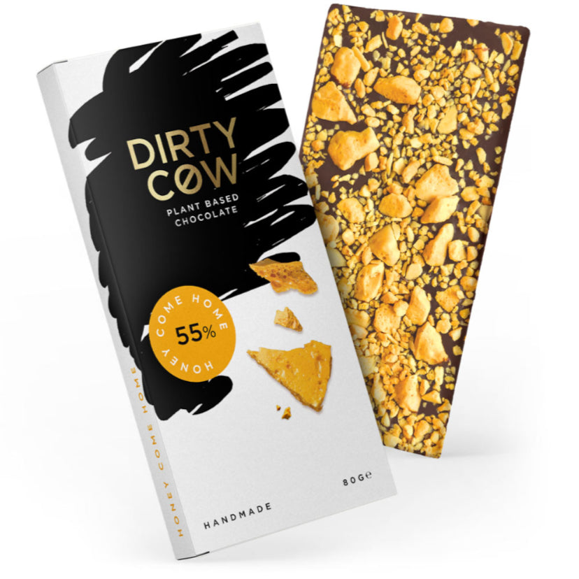 Tablette de chocolat noir Dirtycow avec morceau de "miel vegan" à l'intérieur