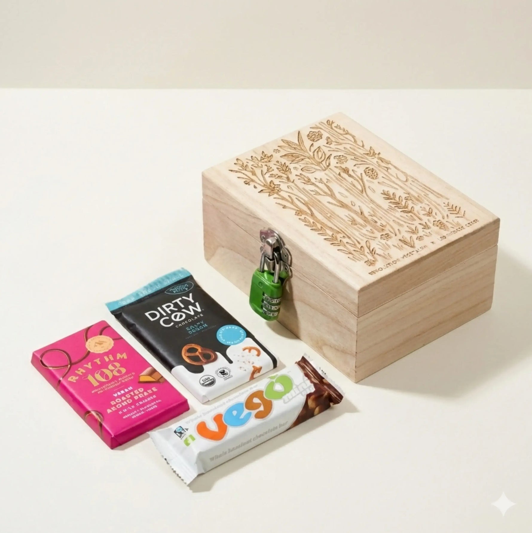 Boite énigme fermée avec un cadenas et 3 chocolats posés devant