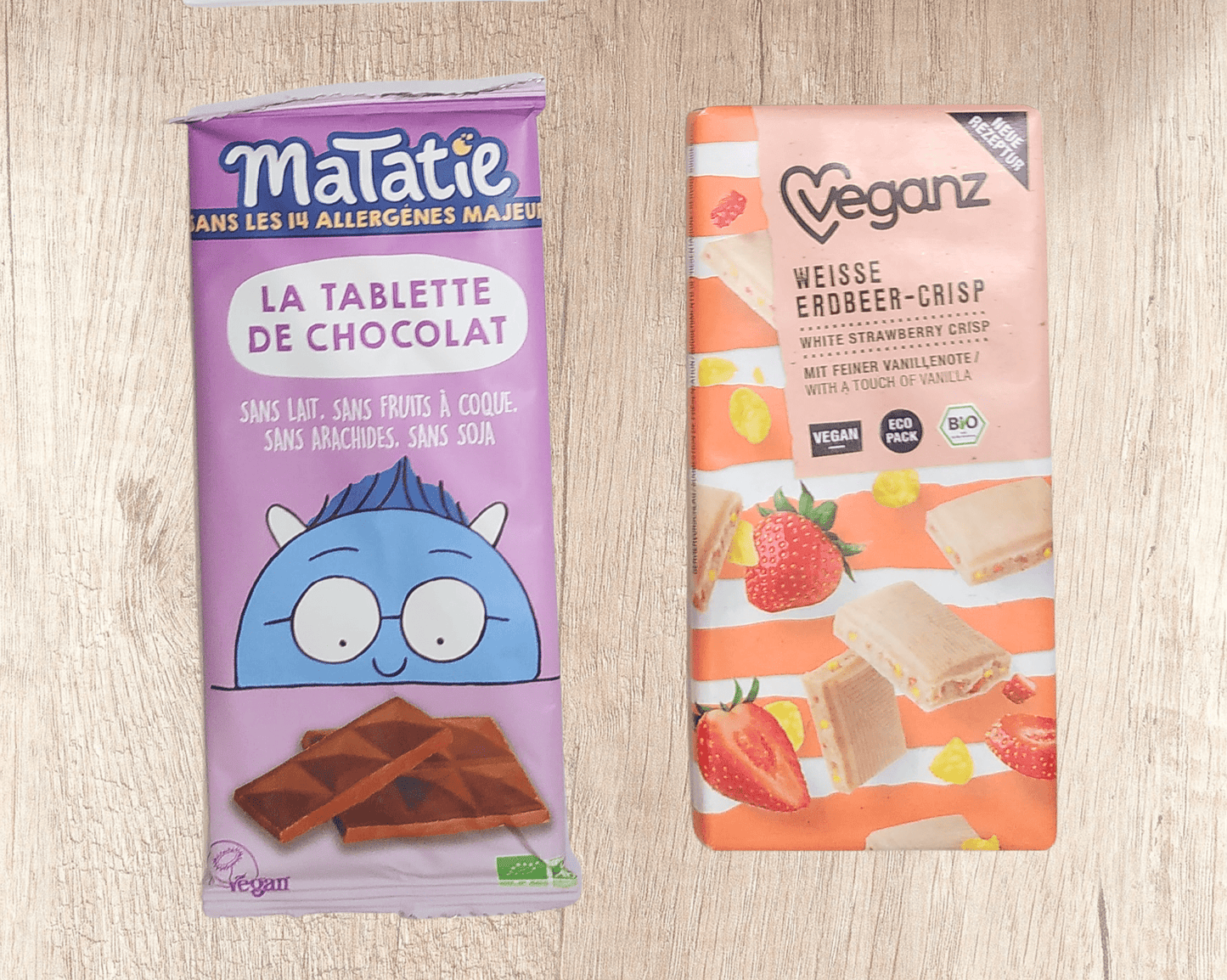 Tablettes de chocolat Matatie et Veganz.